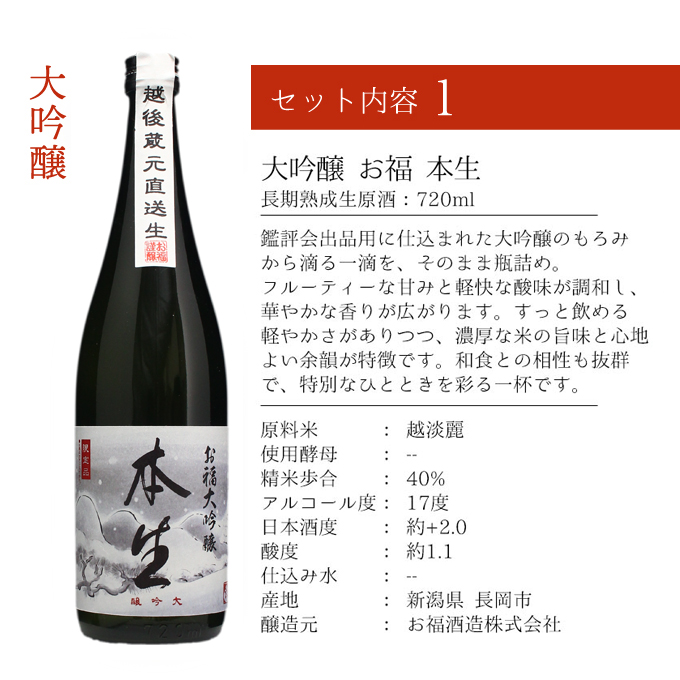 日本酒 おつまみセット 長期熟成生原酒 大吟醸【お福 本生】720ml×清酒