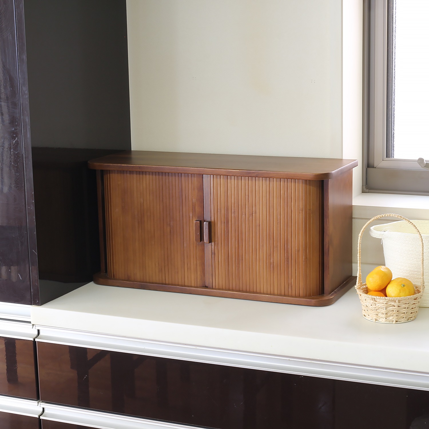 天然木桐製 カウンター上収納庫 竹製ジャバラ扉式 ＜幅60cm・ハイ