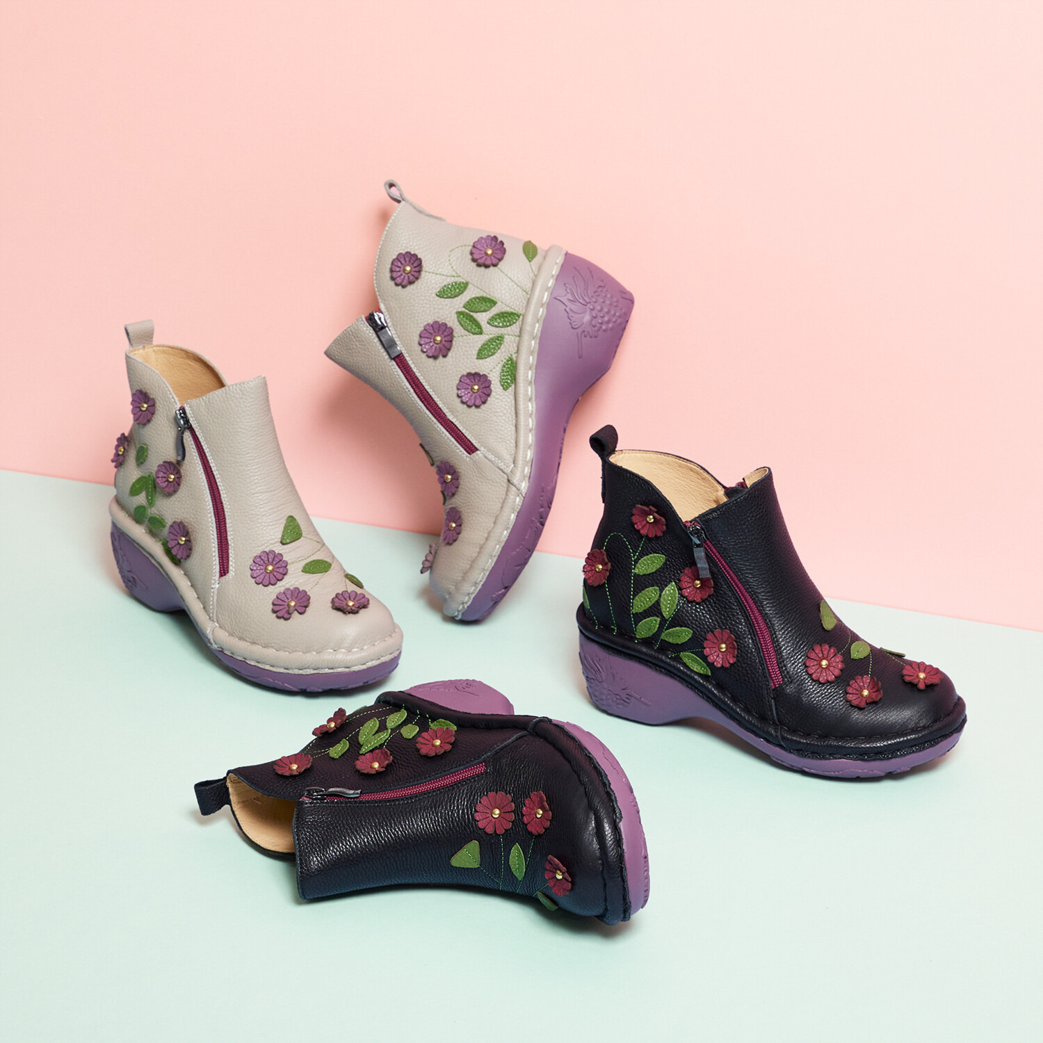 エスタシオン 牛革 お花モティーフ ショートブーツ- ショップチャンネル