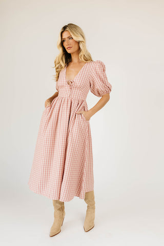 adeline midi dress // pink plaid *zoco exclusive* – shop zoco