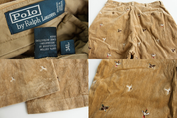 ポロ ラルフローレン キジ刺繍 総柄 太畝 コーデュロイパンツ 薄茶 w34