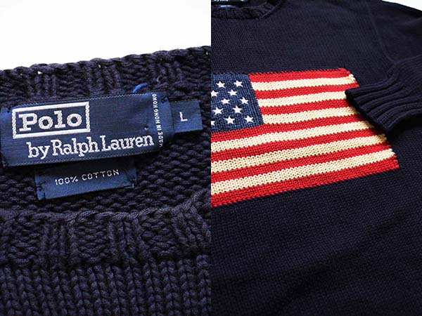 90s ポロ ラルフローレン 星条旗 コットンニット セーター 紺 L