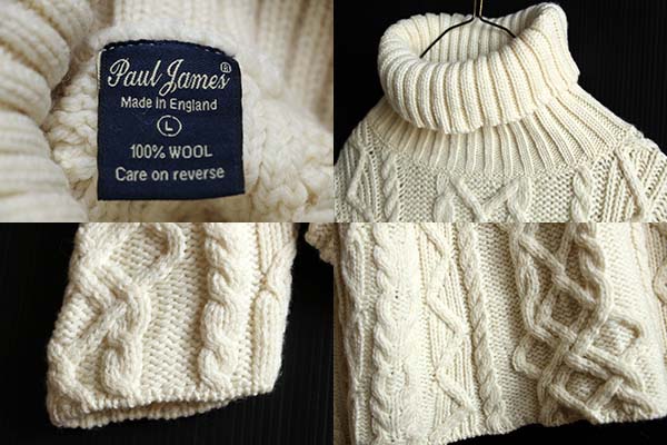 英国製 Paul James タートルネック ケーブル編み ウールニット