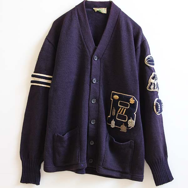60s IMPERIAL ウールニット レタードカーディガン ナス紺 42
