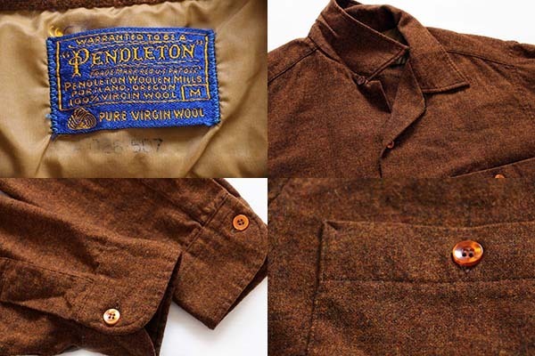 60s PENDLETONペンドルトン 無地 オープンカラー ウールシャツ 茶 M