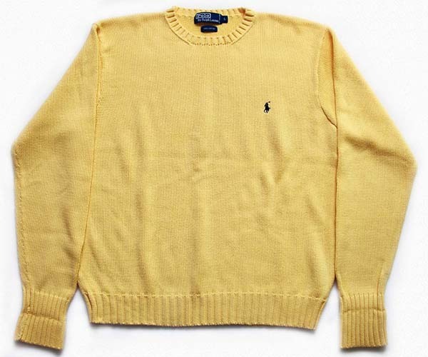 90s ポロ ラルフローレン ワンポイント コットンニット セーター 黄 L