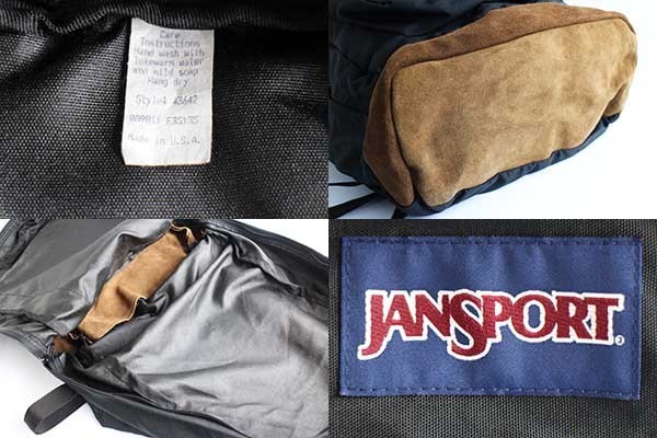 90s USA製 JANSPORTジャンスポーツ ボトムレザー リュックサック 黒☆A