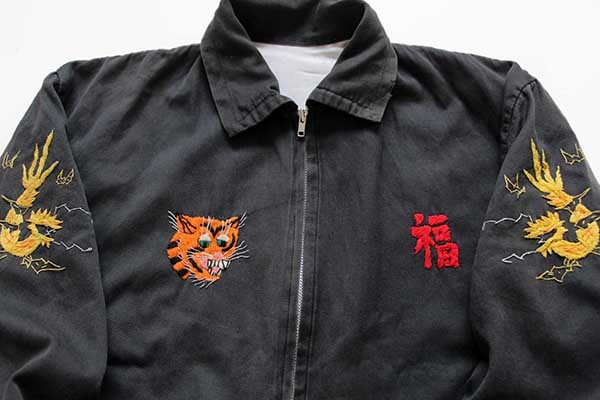 60s QUINHON タイガー ドラゴン刺繍 ベトジャン 黒 フェード