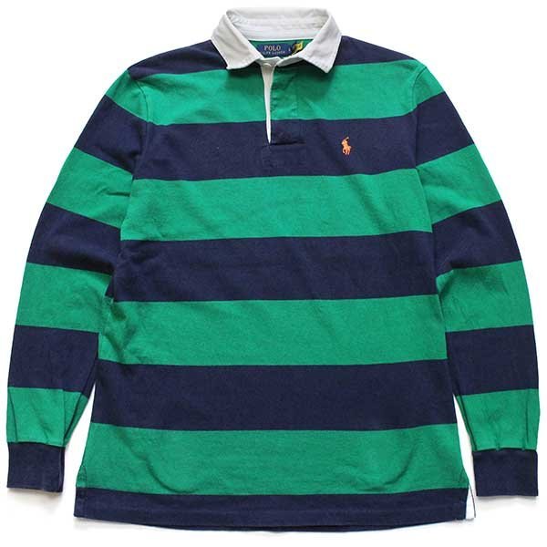 ポロ ラルフローレン 太ボーダー コットン ラガーシャツ 緑×紺 S