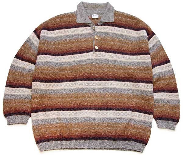 90s イタリア製 VIA CORTESA ラグ柄 襟付き アクリル×ウールニット