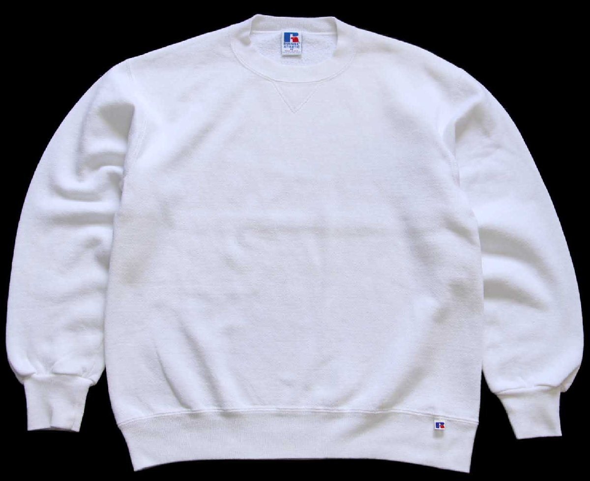 90s USA製 RUSSELLラッセル 無地 前V スウェット 白 M☆ブランク
