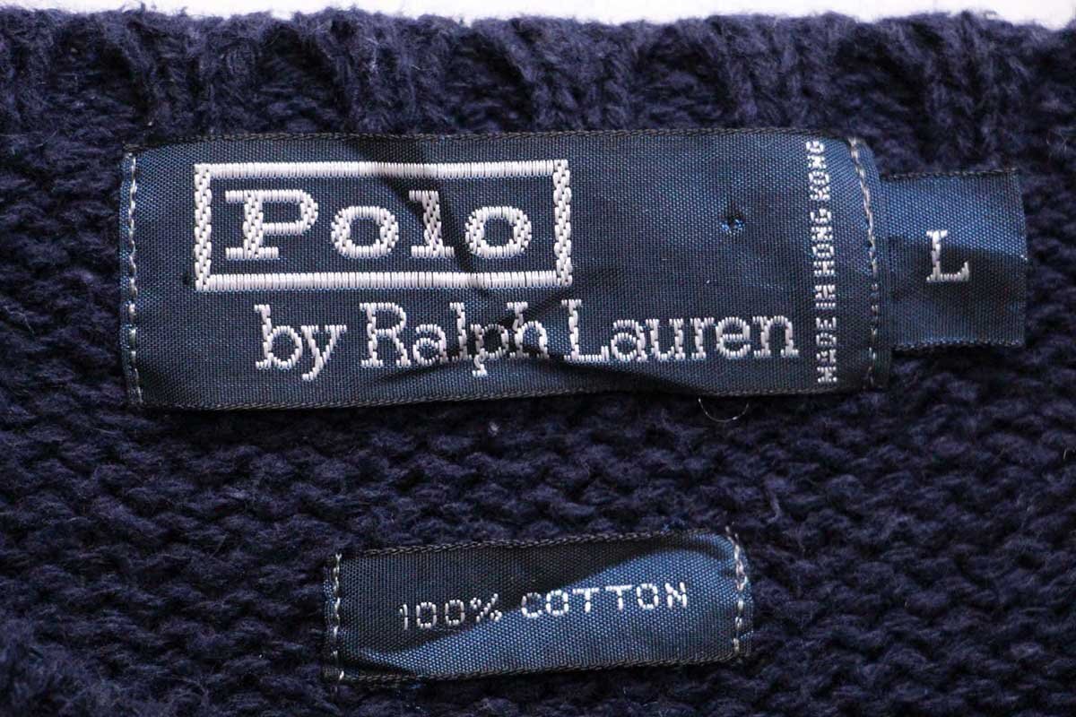 90s ポロ ラルフローレン ワンポイント コットンニット セーター 紺 L