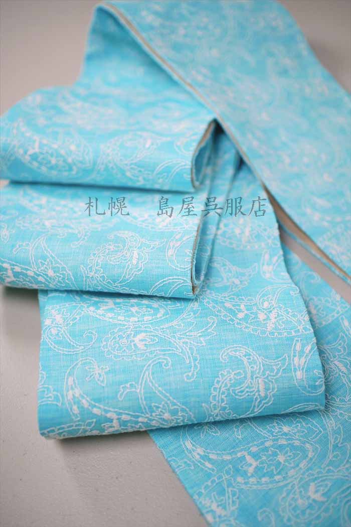 半幅帯：リバーシブル ブルーペイズリー／ベージュ無地