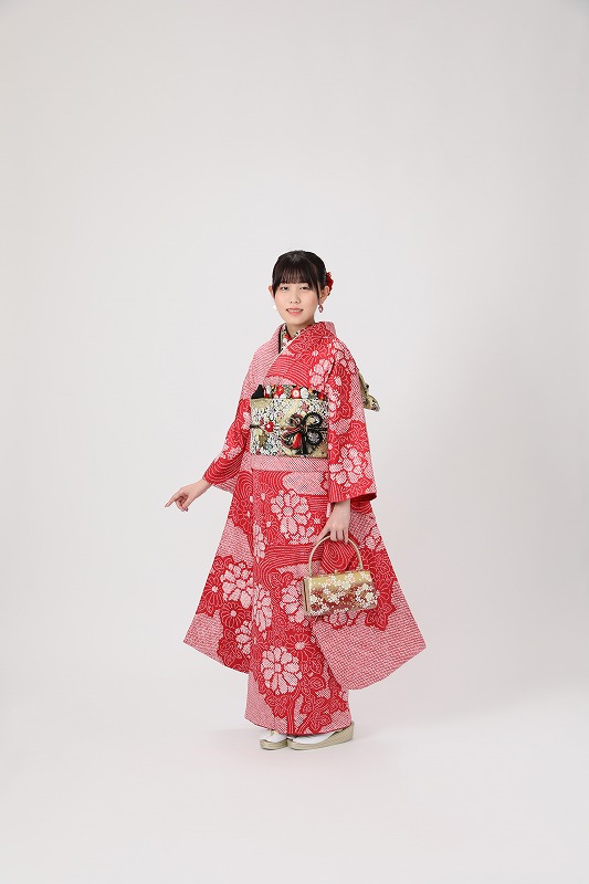 여 振袖フルセット 総絞り 赤×アイボリー 正統派古典 赤/黒 絞り風/毬