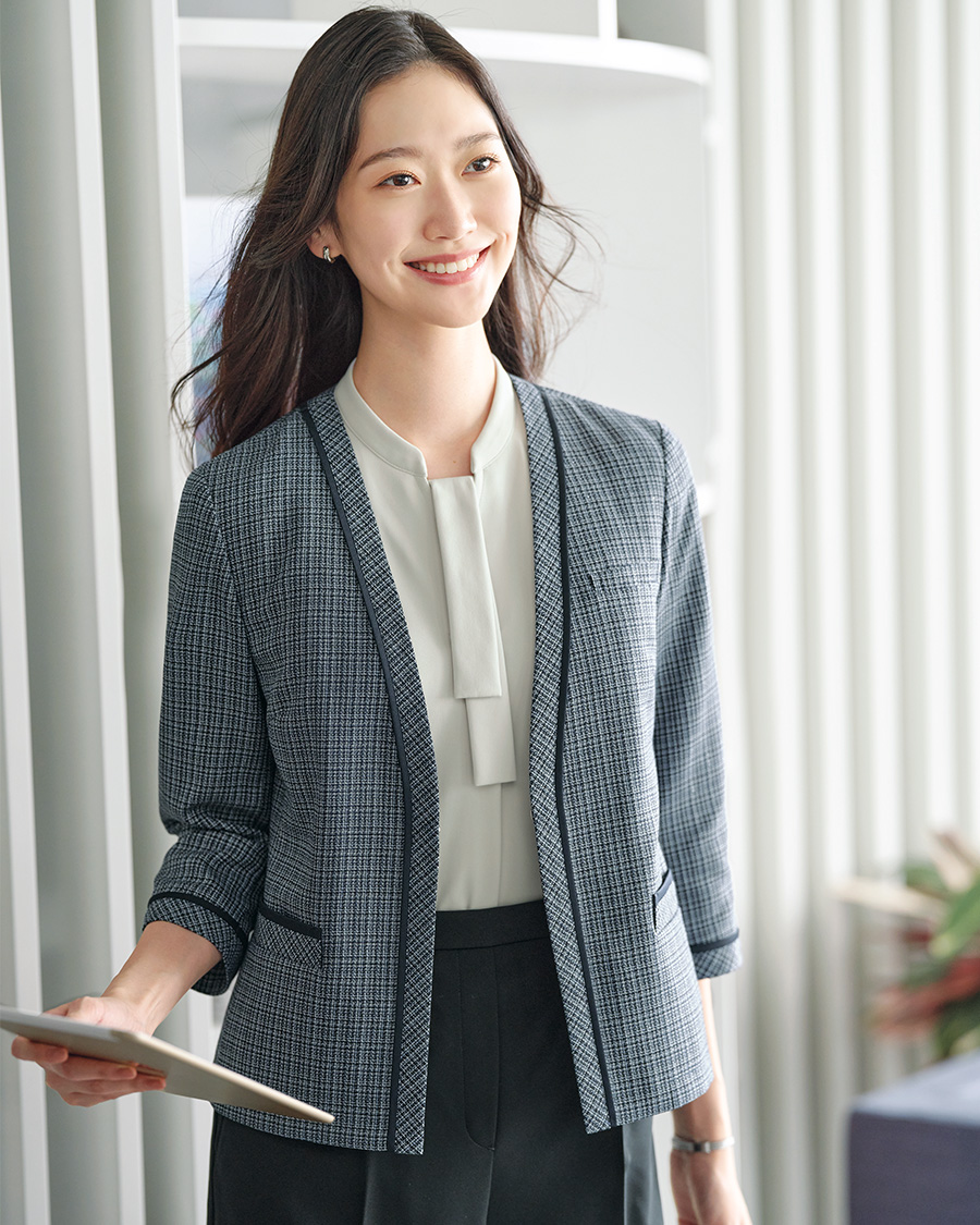 エアリーツイード】ノーカラー七分袖ジャケット | ユニフォーム総合