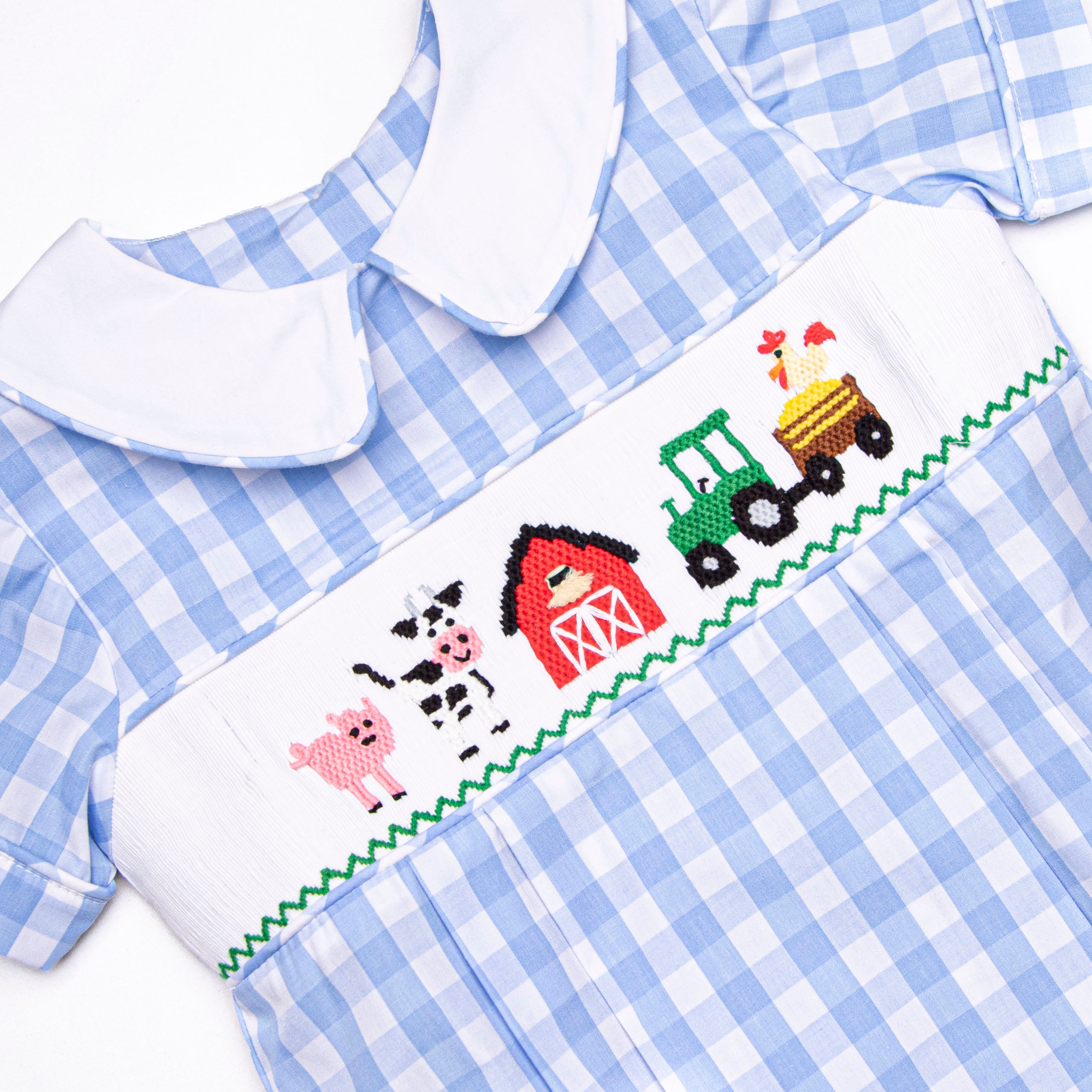 Fun at the Farm Smocked Bubble, Blue Check – Stitchy Fish