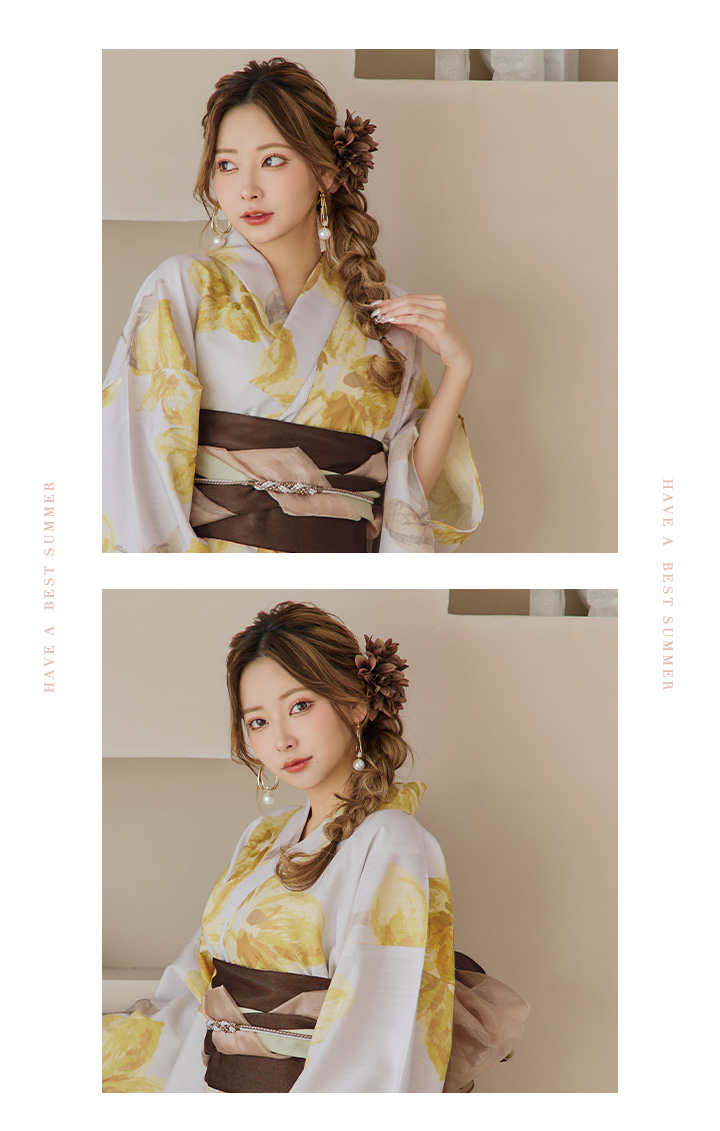 即日発送！】グレージュ×イエローフラワー浴衣 【浴衣3点セット 浴衣