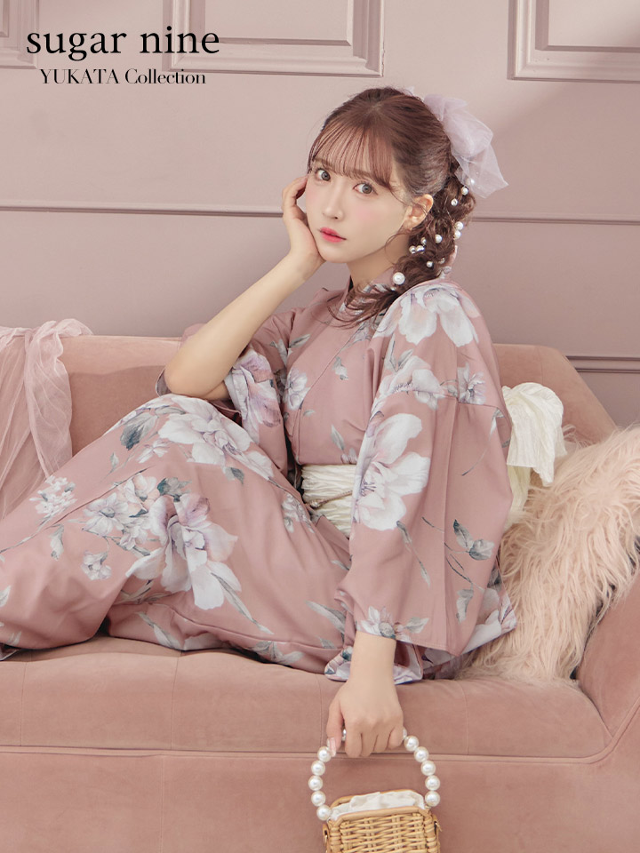 即日発送】大人スウィート/くすみピンク椿浴衣【浴衣3点セット 浴衣