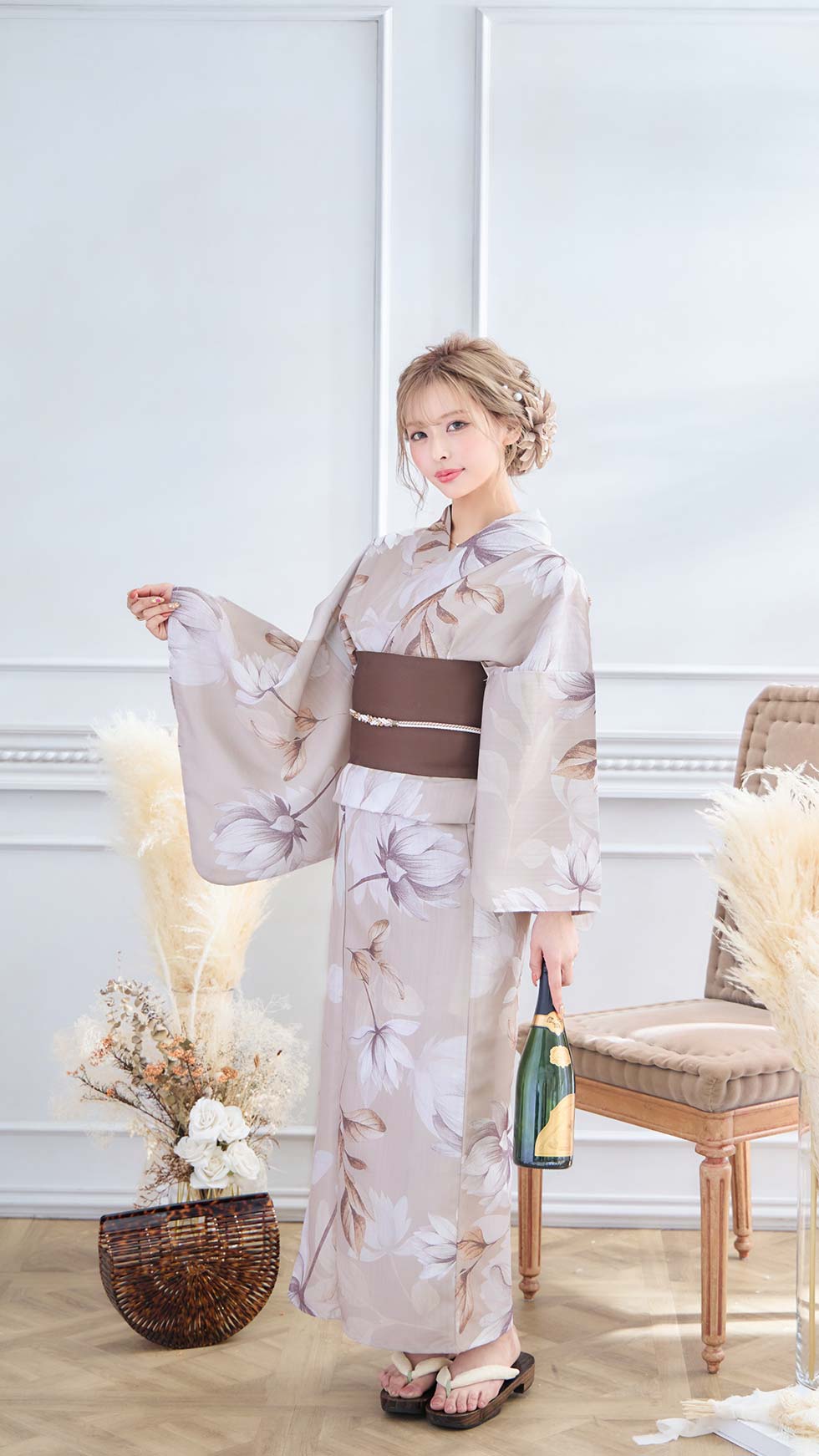 即日発送】【浴衣】ホワイトフラワーブラウン浴衣【浴衣3点セット