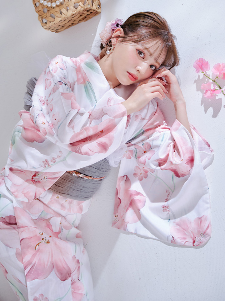 即日発送】ニュアンスピンク水彩朝顔浴衣 【浴衣3点セット 浴衣/帯