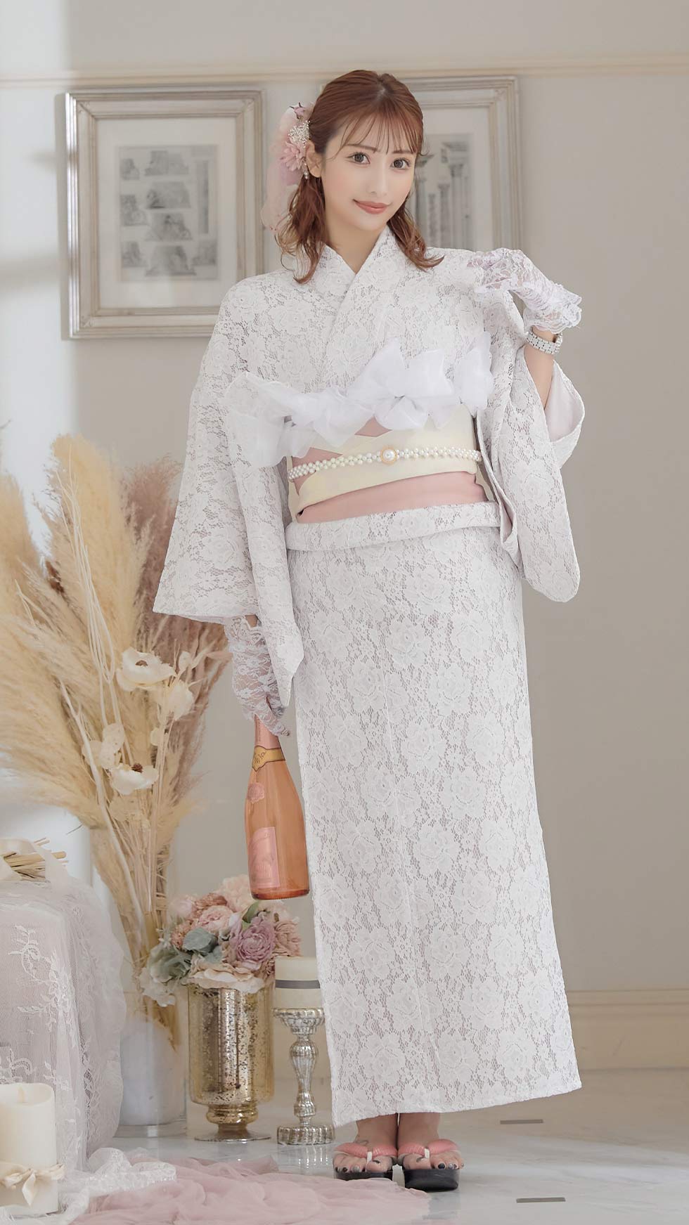 即日発送】【浴衣】ピンク地×白レース浴衣 【浴衣3点セット 浴衣/帯