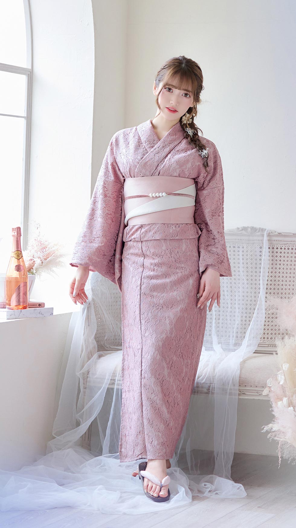 即日発送】ダスティピンクのレース浴衣【浴衣3点セット 浴衣/帯/下駄