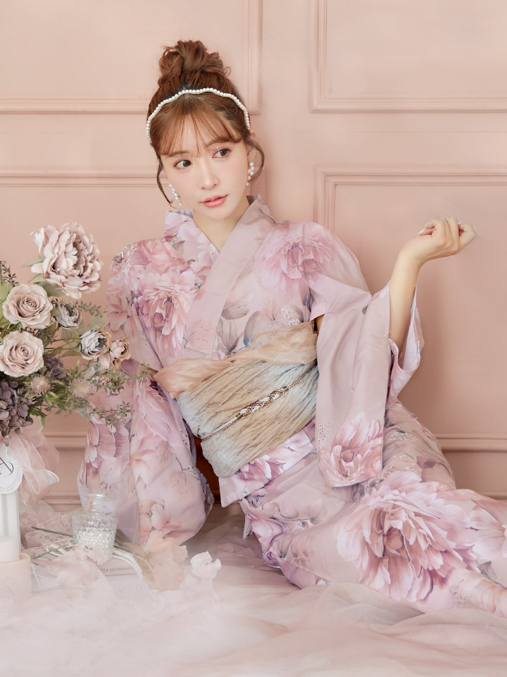 即日発送】くすみピンクアンティークフラワー浴衣【浴衣3点セット