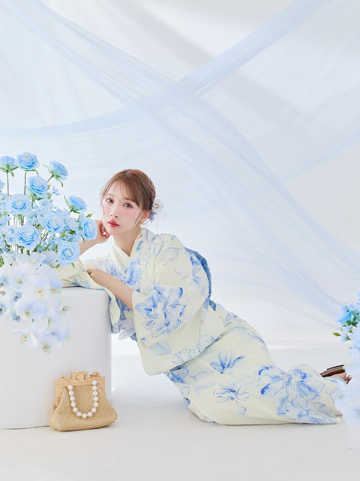 即日発送】グラデーションブルー牡丹和モダン浴衣【浴衣3点セット