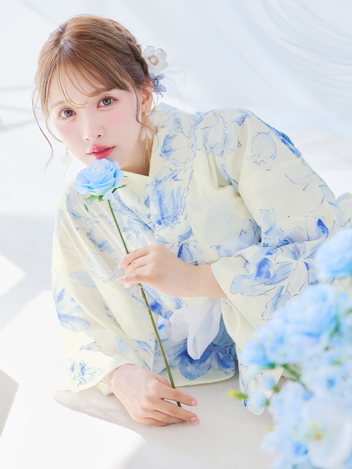 即日発送】グラデーションブルー牡丹和モダン浴衣【浴衣3点セット