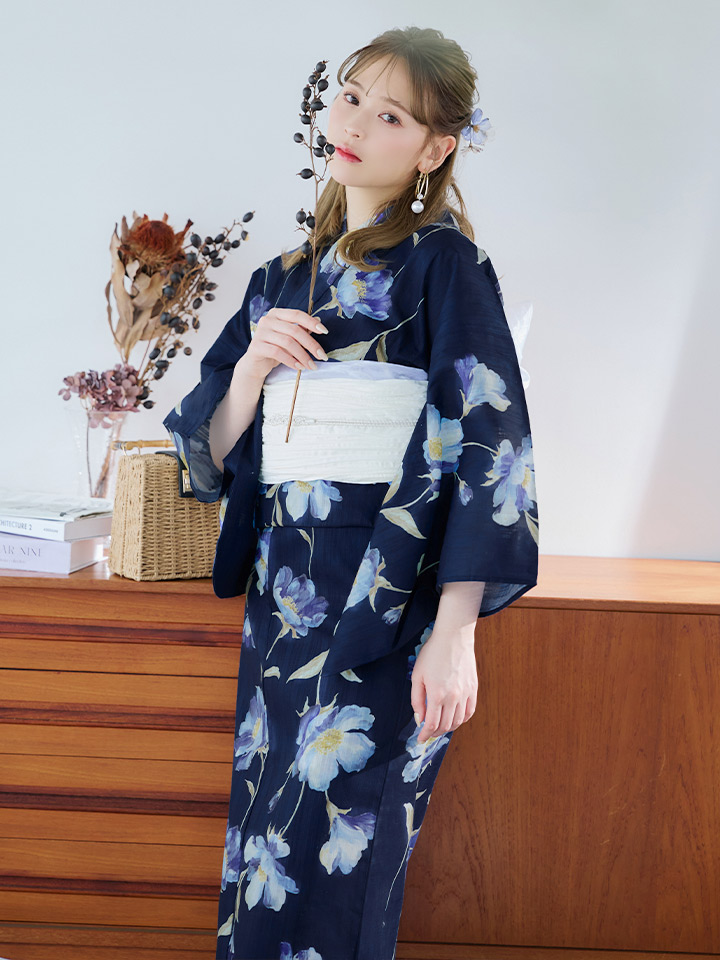即日発送】ネイビー＆ブルー牡丹浴衣【浴衣3点セット 浴衣/帯/下駄