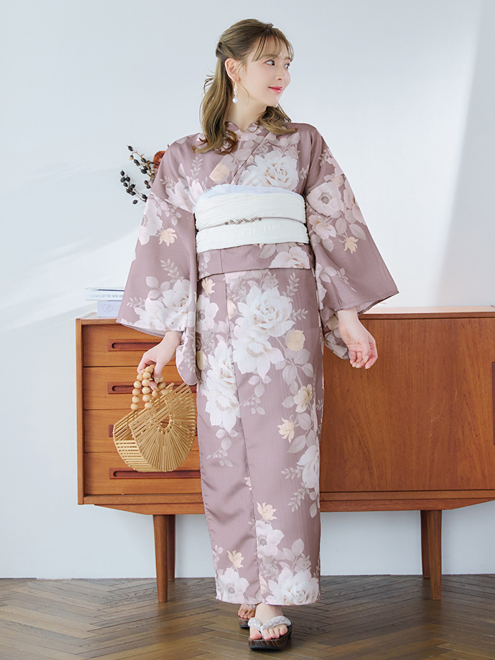 即日発送】ピンクベージュフラワー浴衣【浴衣3点セット 浴衣/帯/下駄