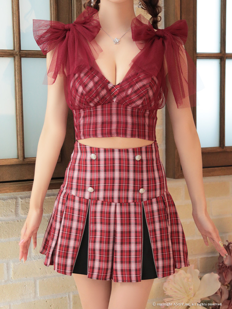 an /アン】チェック柄/ ショルダーリボン/ チュール/ Aライン