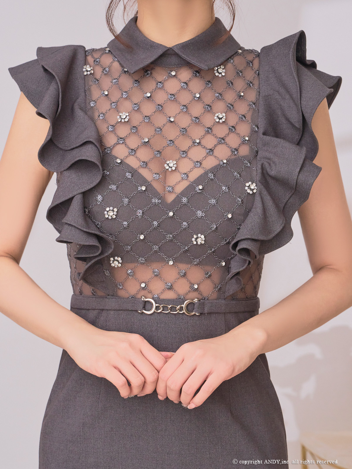 XSサイズあり【an/アン】襟付き/ フリル/ ビジュー/ シアー/ 切替