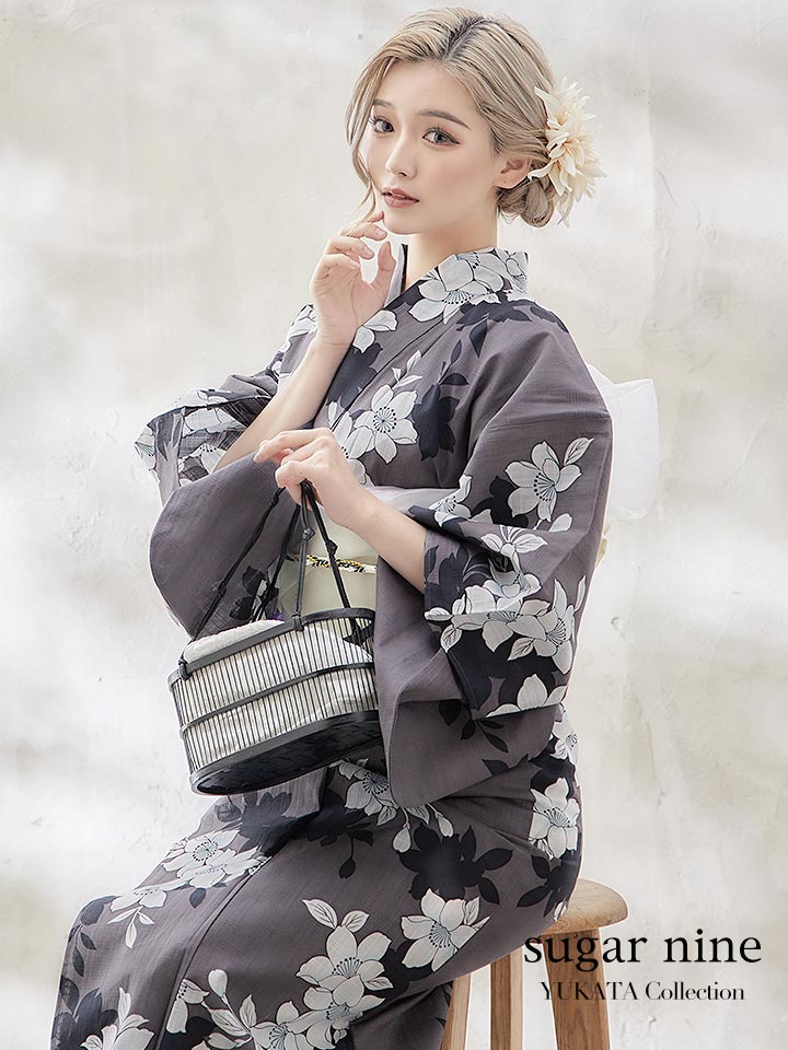 即日発送】【浴衣】クラシカルグレーの百合浴衣 【浴衣3点セット 浴衣