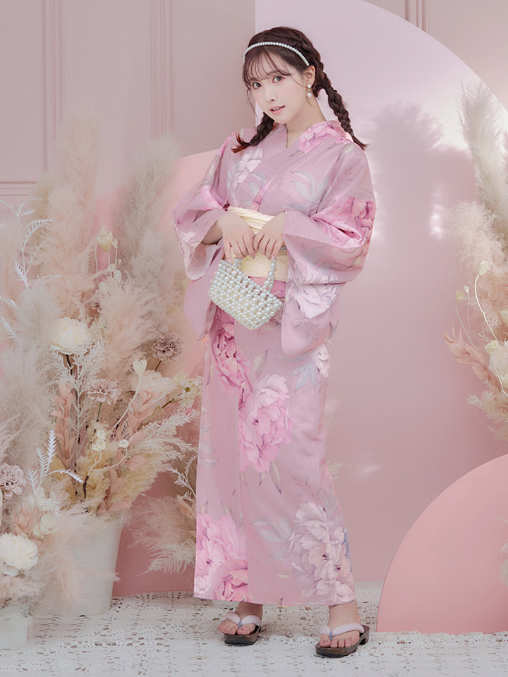 即日発送】【浴衣】大人スウィート/ピンク地に大柄牡丹浴衣 【浴衣3点