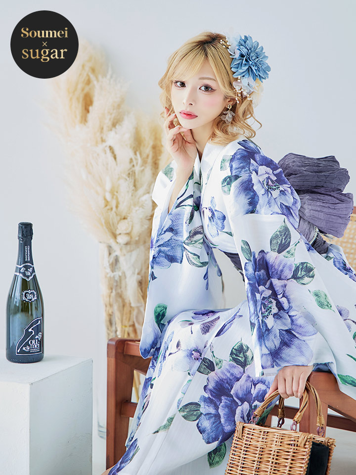 即日発送！】【浴衣】白地に水彩牡丹のクラシック浴衣 【浴衣3点