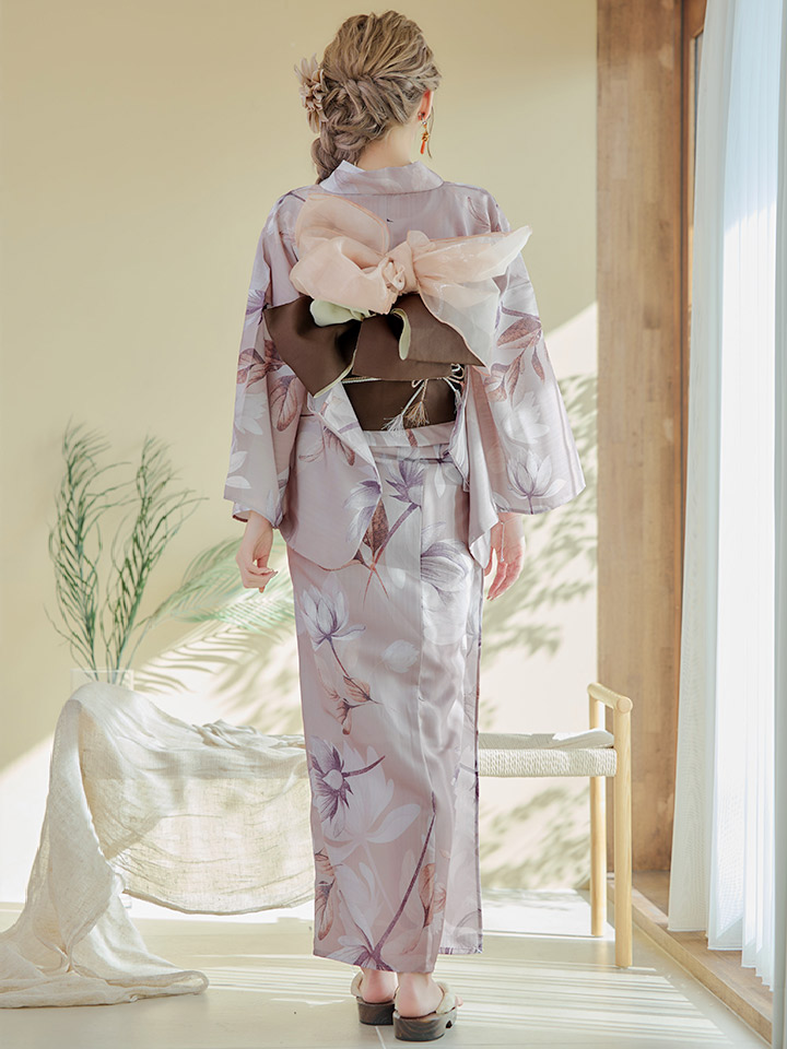 即日発送！】【浴衣】ホワイトフラワーブラウン浴衣 【浴衣3点セット