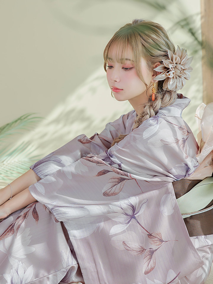 即日発送！】【浴衣】ホワイトフラワーブラウン浴衣 【浴衣3点セット