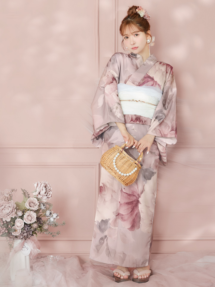 即日発送】アンティークフラワーピンク浴衣【浴衣3点セット 浴衣/帯