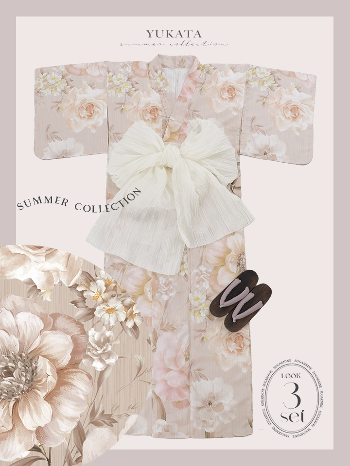 即日発送！】アンティークフラワーピンク浴衣【浴衣3点セット 浴衣/帯