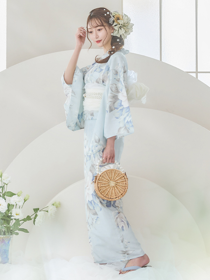 即日発送】クラシカルローズブルー浴衣【浴衣3点セット 浴衣/帯/下駄