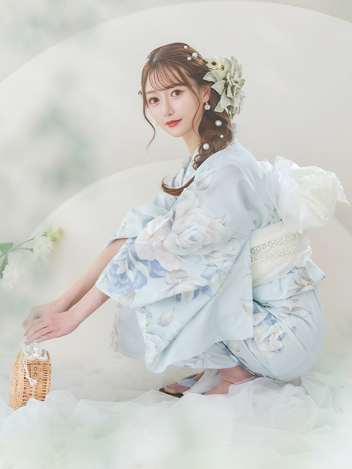 即日発送】クラシカルローズブルー浴衣【浴衣3点セット 浴衣/帯/下駄