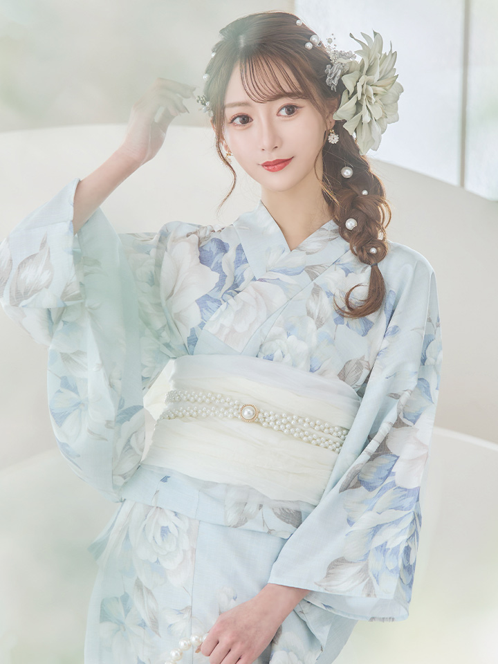 即日発送】クラシカルローズブルー浴衣【浴衣3点セット 浴衣/帯/下駄