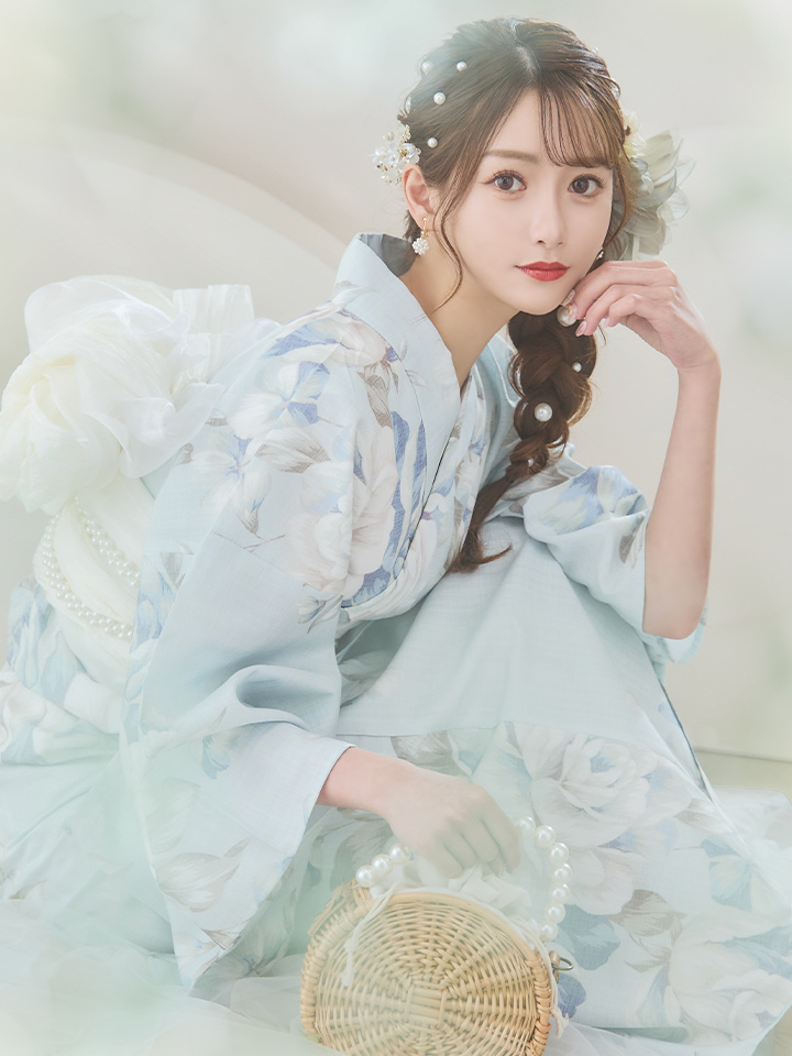 即日発送】クラシカルローズブルー浴衣【浴衣3点セット 浴衣/帯/下駄