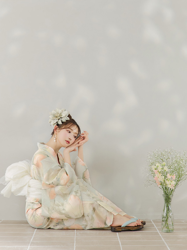 即日発送】アイシーミントフラワー浴衣【浴衣3点セット 浴衣/帯/下駄