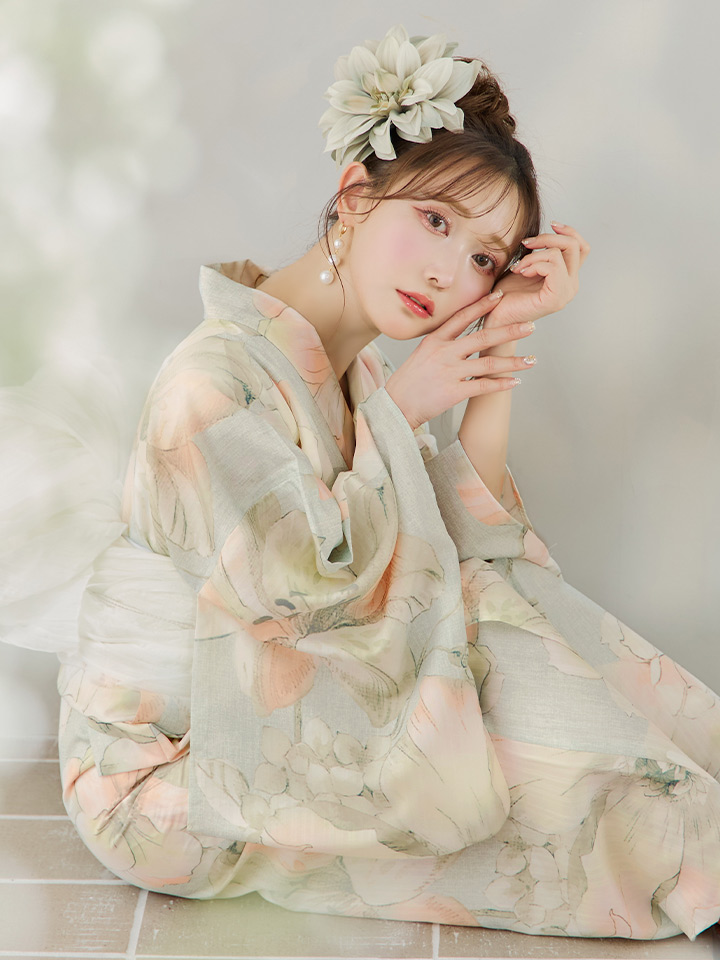 即日発送】アイシーミントフラワー浴衣【浴衣3点セット 浴衣/帯/下駄