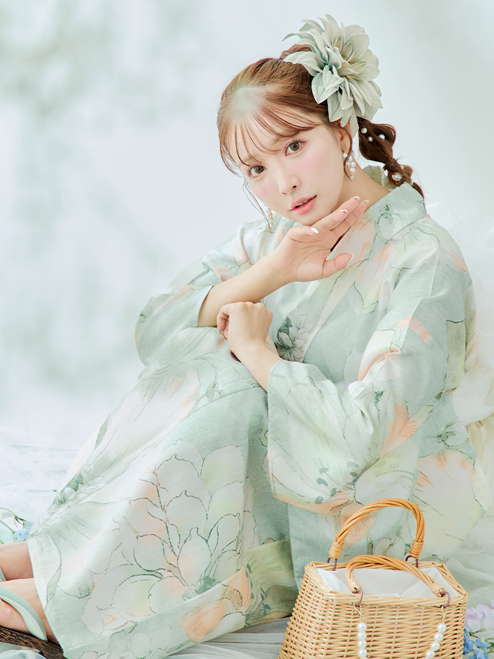 即日発送】アイシーミントフラワー浴衣【浴衣3点セット 浴衣/帯/下駄