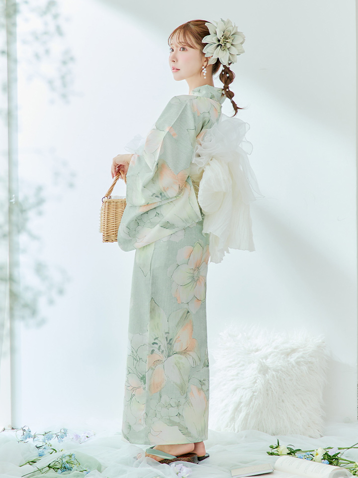 即日発送】アイシーミントフラワー浴衣【浴衣3点セット 浴衣/帯/下駄