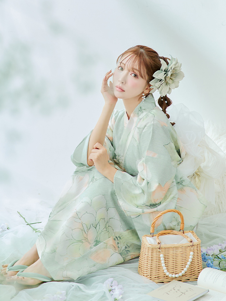 即日発送】アイシーミントフラワー浴衣【浴衣3点セット 浴衣/帯/下駄