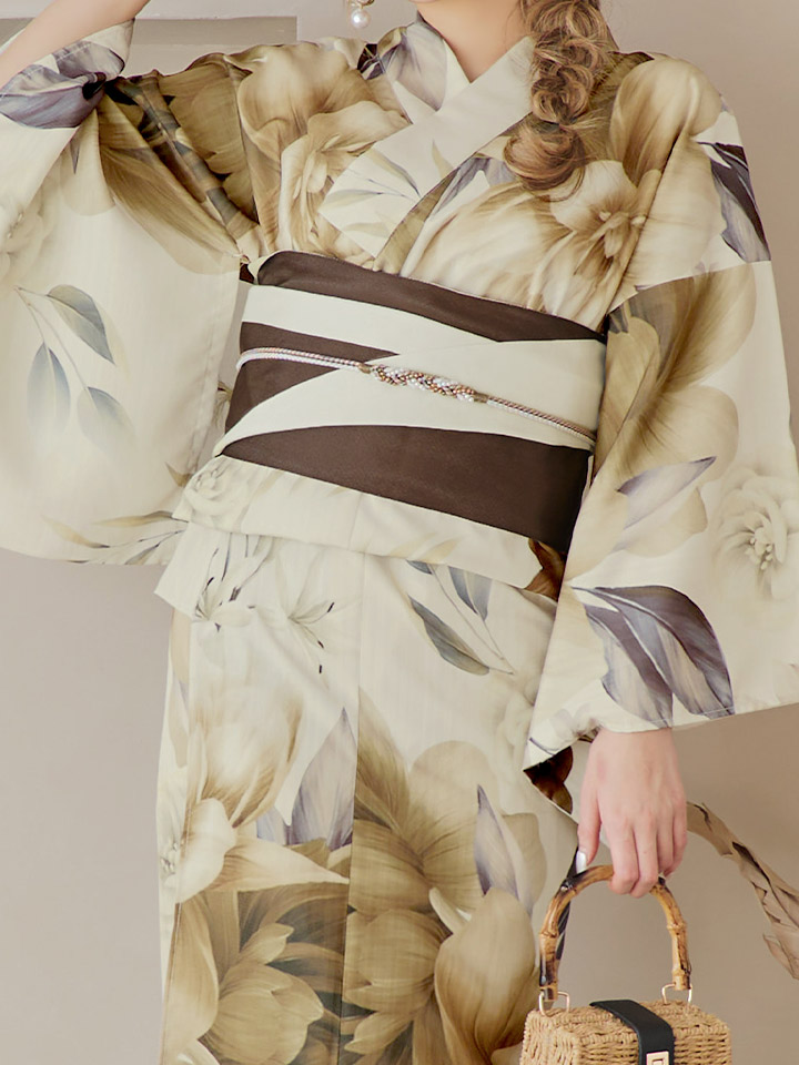 即日発送】ブラウンベージュクラシックフラワー浴衣【浴衣3点セット